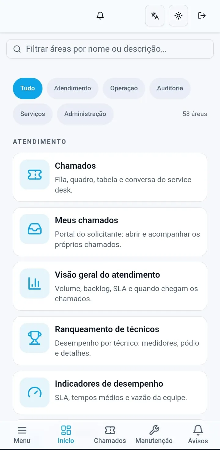 Lista de áreas do produto no celular, com filtro por nome e por categoria