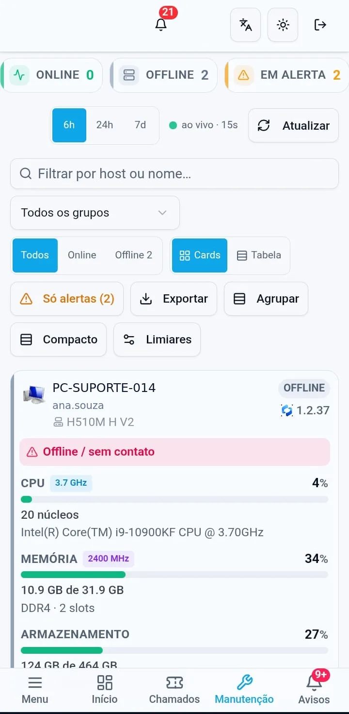 Telemetria de um endpoint no celular: CPU, memória e armazenamento