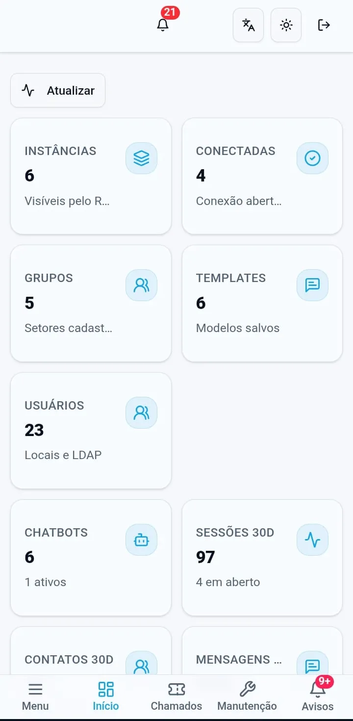Painel de mensageria no celular com instâncias, grupos, chatbots e sessões