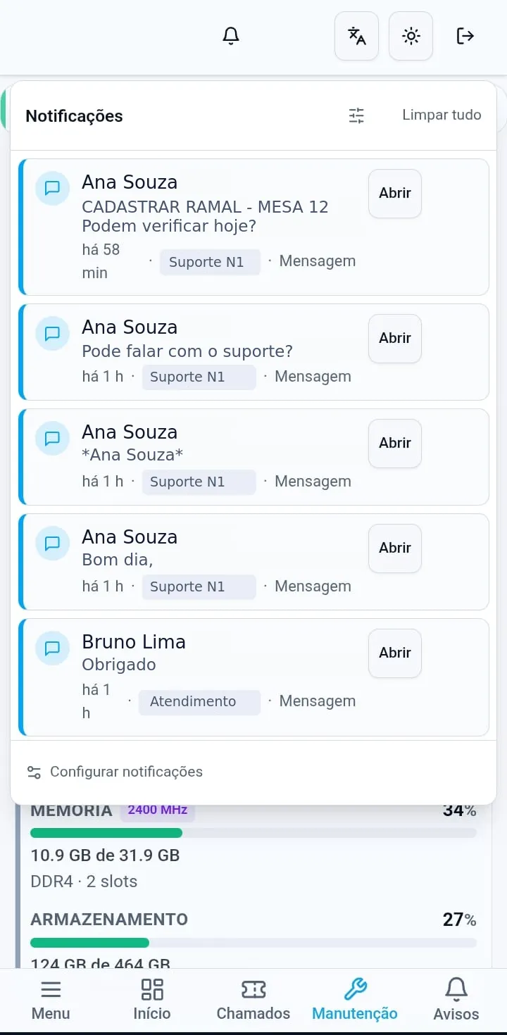 Central de avisos do OpenScale no celular, com cinco notificações e o botão de abrir cada uma