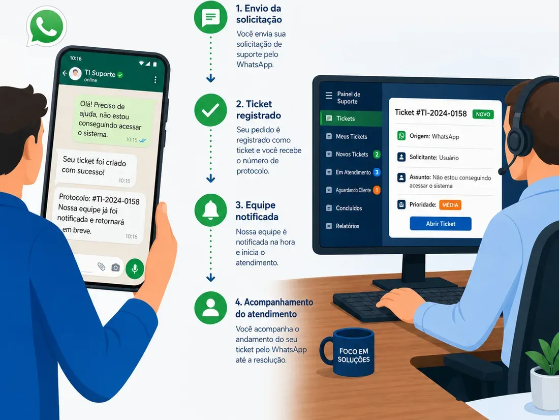 Fluxo em quatro passos: pessoa envia a solicitação pelo WhatsApp, o pedido é registrado como ticket com protocolo, a equipe é notificada e o atendimento é acompanhado pelo mesmo canal