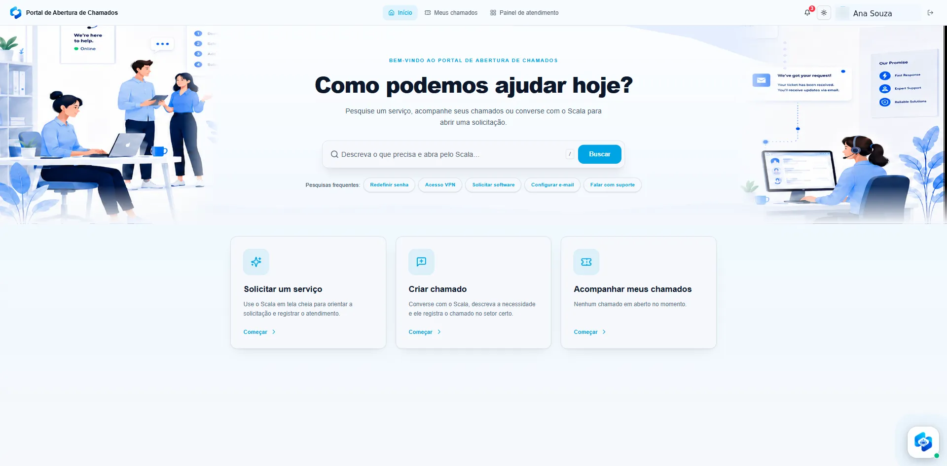 Portal de abertura de chamados do OpenScale, com busca de serviço, pesquisas frequentes e três caminhos para abrir ou acompanhar um chamado